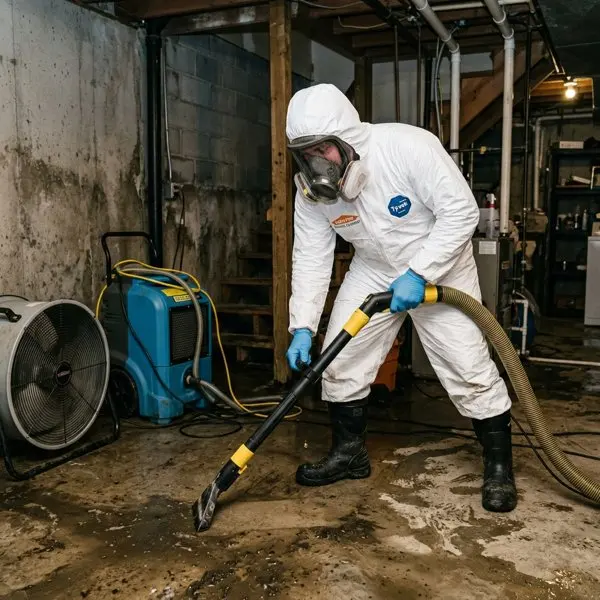 A technician in PPE cleaning a sewage backup in Maple Grove, MN
